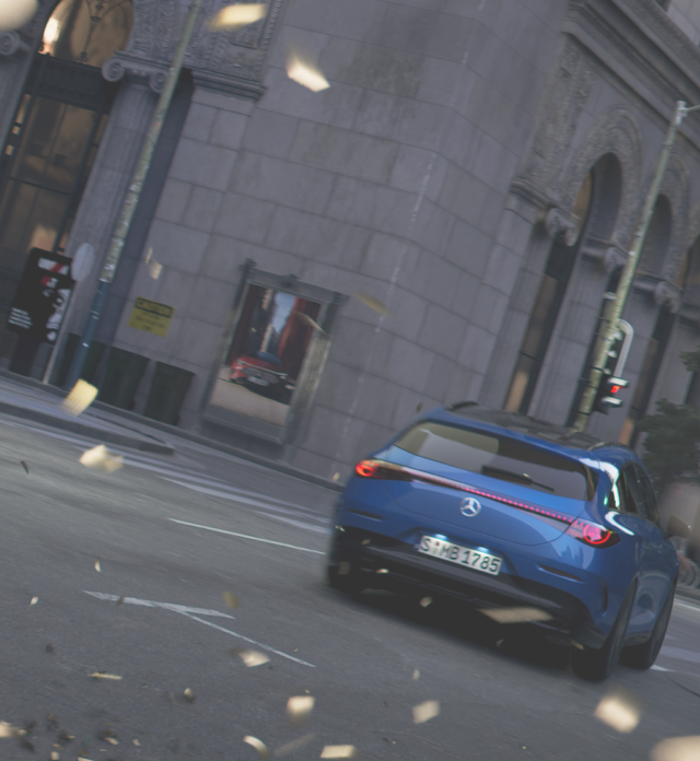 Blue Mercedes Benz car on street